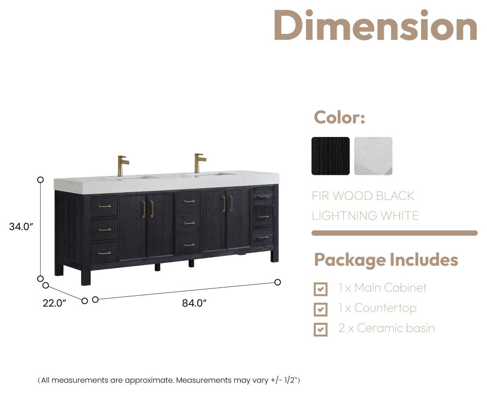 Leon Bath Vanity With Composite Stone Top, Fir Wood Black, 84", No Mirror