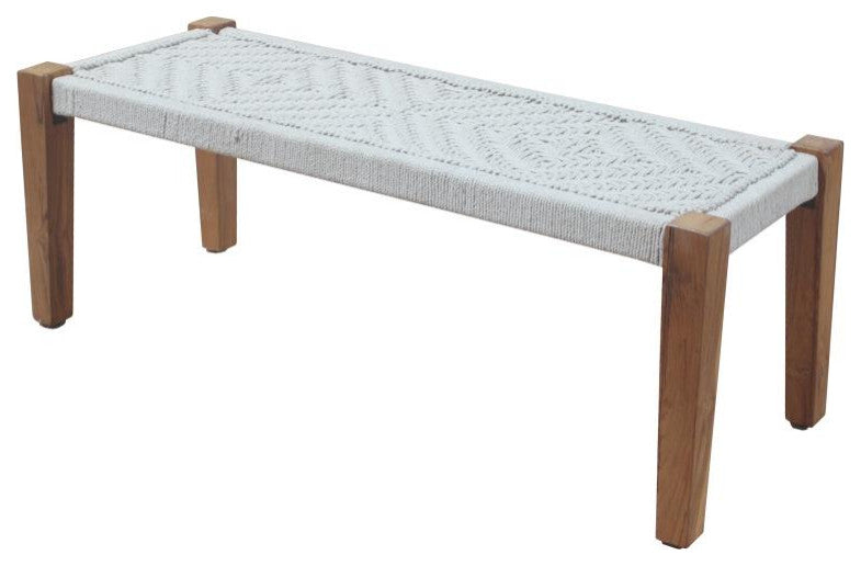 2- Piece Set: Teak Solid Wood Benches with Ivory Jute Upholstery