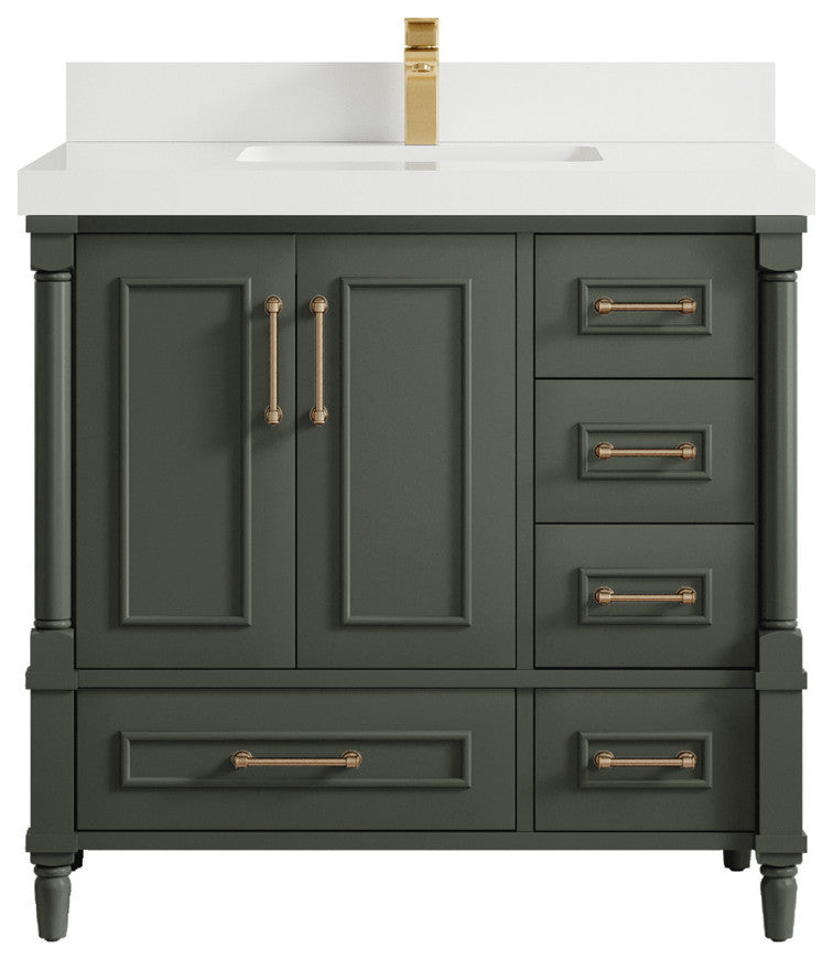 Aberdeen 36 Center Sink Bath Vanity in Pewter Green 2" White Quartz