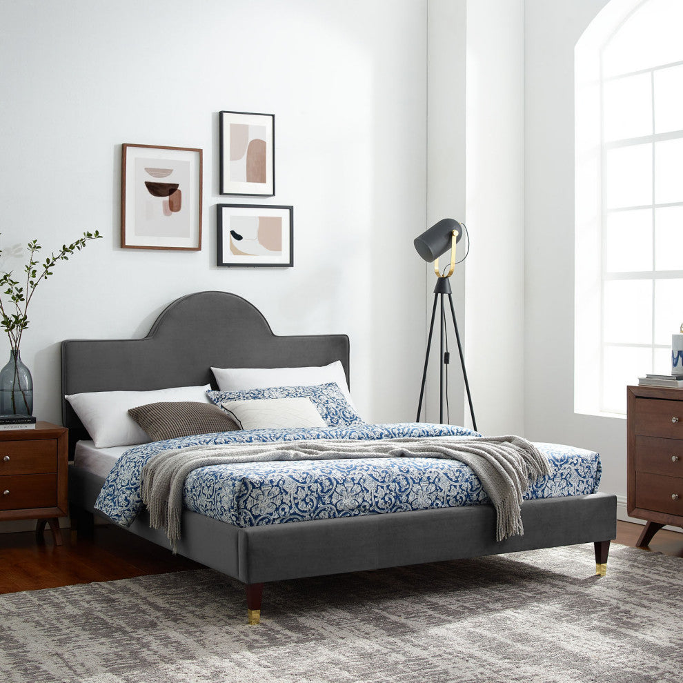 Platform Bed Frame, King Size, Charcoal Gray, Velvet, Modern, Guest Suite