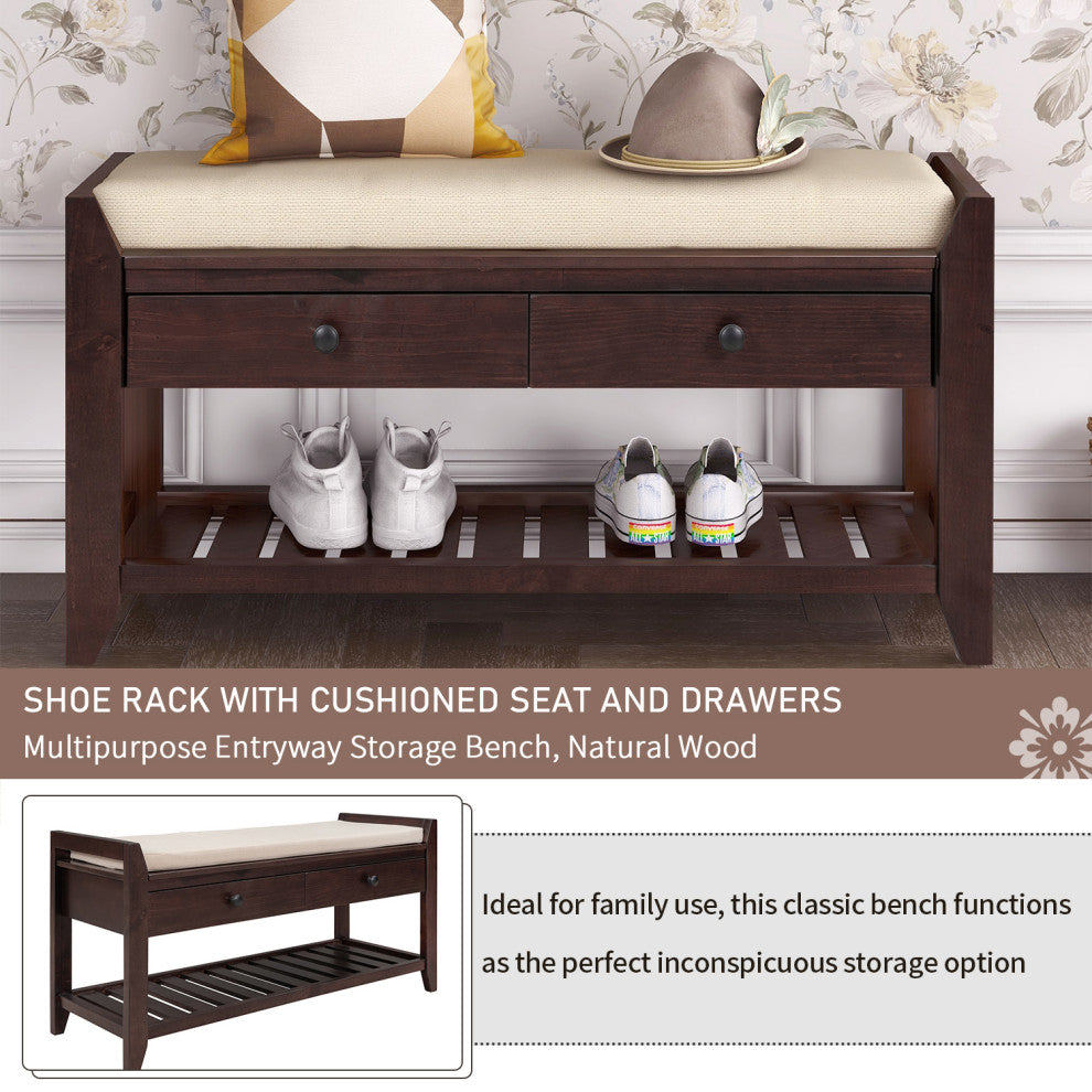 TATEUS 39" Entryway Storage Bench With Shoe Rack and Cushioned Seat, Espresso
