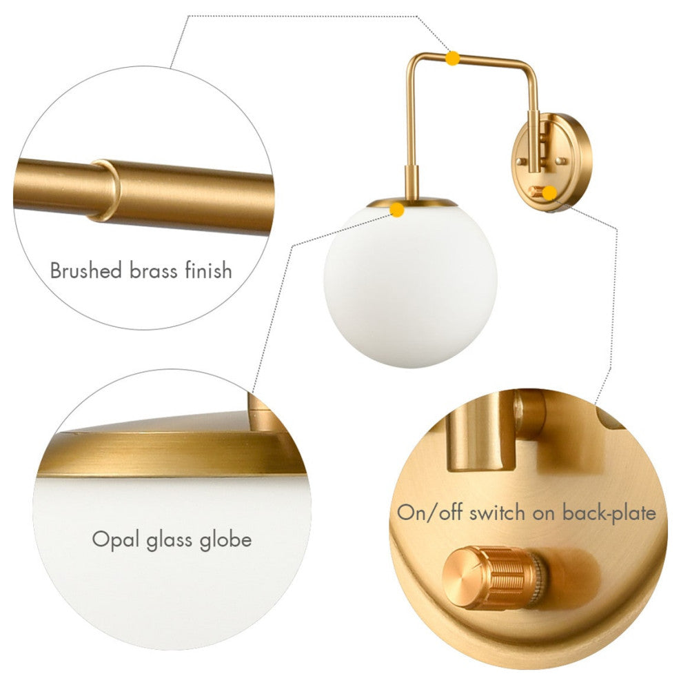 Plug-in Brass Wall Sconce Opal Globe Glass Modern Wall Sconce