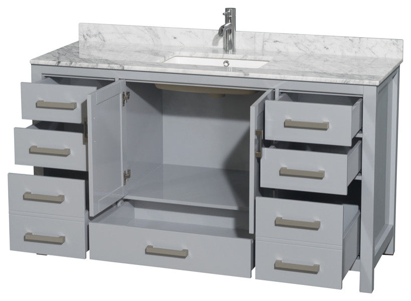 Wyndham WCS141460SGYCMUNSMXX 60" Vanity in Gray + Carrera Marble and Square Sin