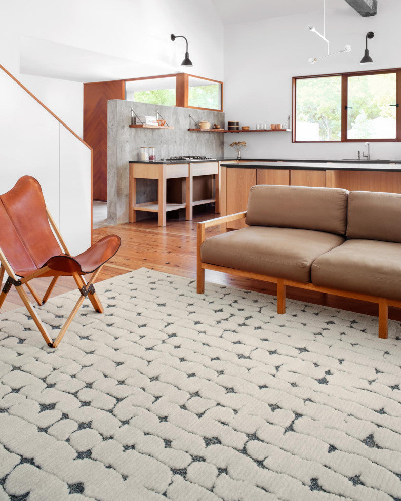 Textural Geometric Hagen Area Rug, 3''-7" X 5''-7", Hag-04 White / Navy