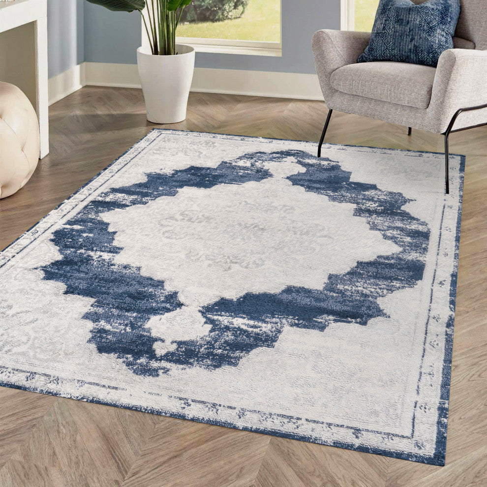 Alhambra Ornate Medallion Modern Runner Rug, Ivory/Navy, 5x8