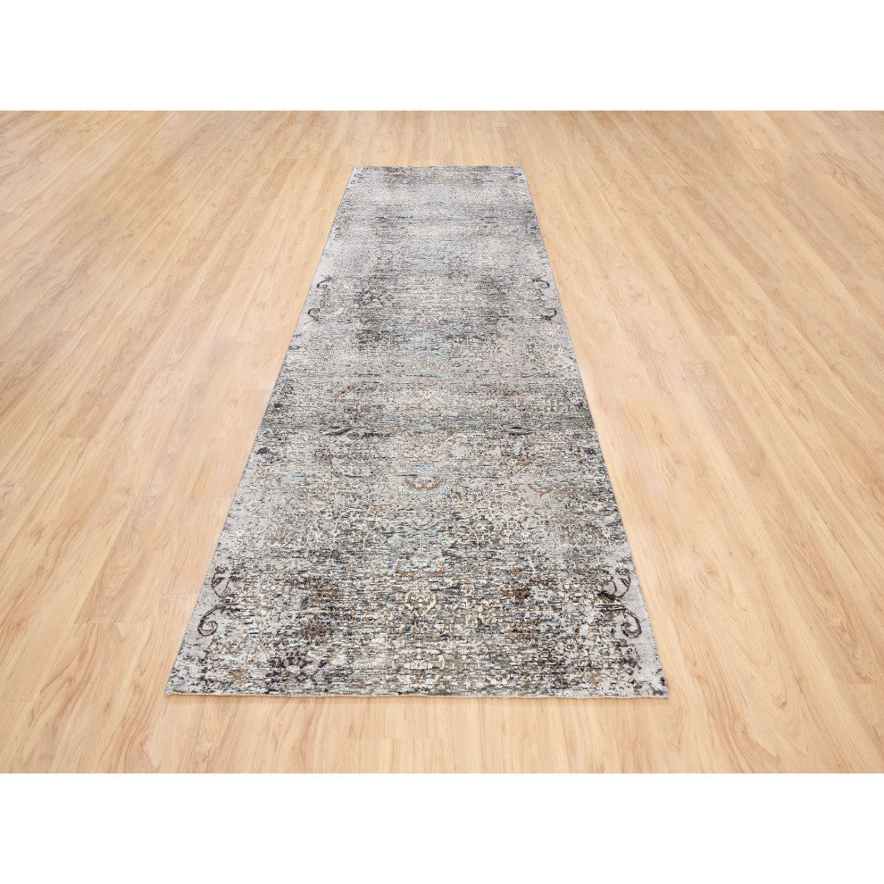 Gray Modern Silk with Textured Wool Hand Knotted Wide Runner Rug 4'0" x 12'0"