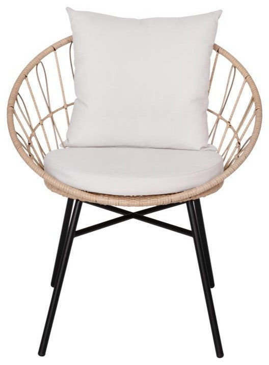 Devon 3-Piece Bistro Set, 2 Papasan Chairs w/Cushions, Glass Top Side Table, Tan