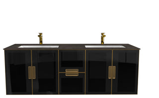 Solaria Glass Facade Floating Vanity, 60", Rustic Porcelain Top, Double Sink