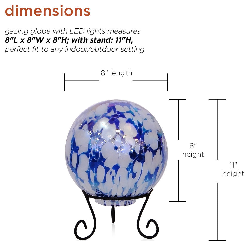 Alpine Blue & White Gazing Globe with LED Lights, 10 Inch Tall