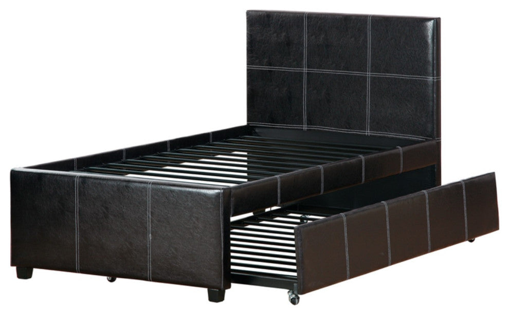 Benzara BM171666 Mesmeric Twin Bed With Trundle Espresso Faux Leather, Brown