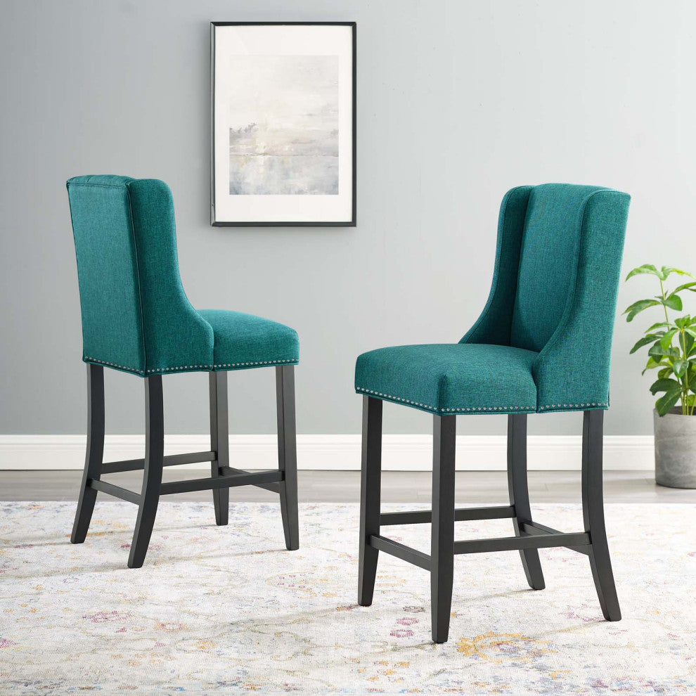 Counter Stool Chair, Set of 2, Fabric, Wood, Teal Blue, Modern, Bar Pub Bistro