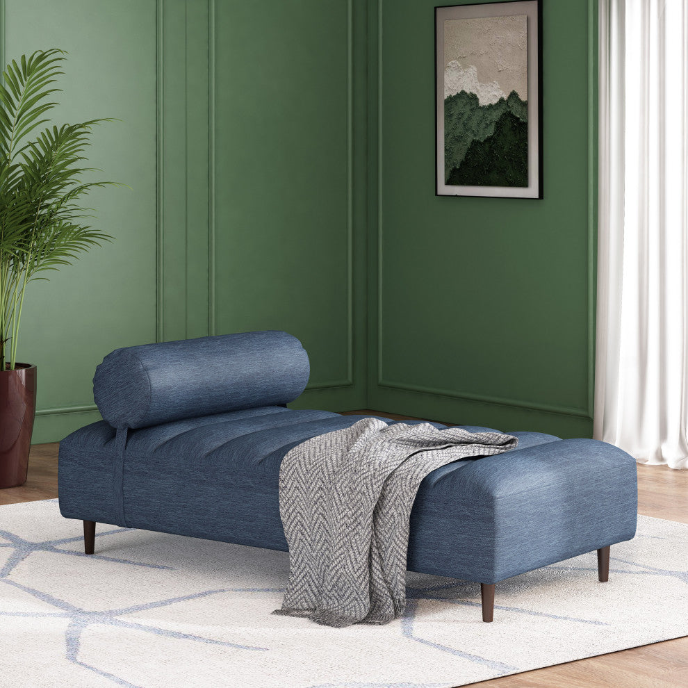 Holmwood Mid Century Modern Fabric Tufted Chaise Lounge With Bolster Pillow, Navy Blue/Natural Walnut