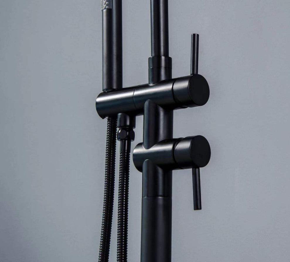 Wellfor Freestanding Bath Faucet, Swivel Spout and Handheld Shower, 2 Handles, Matte Black