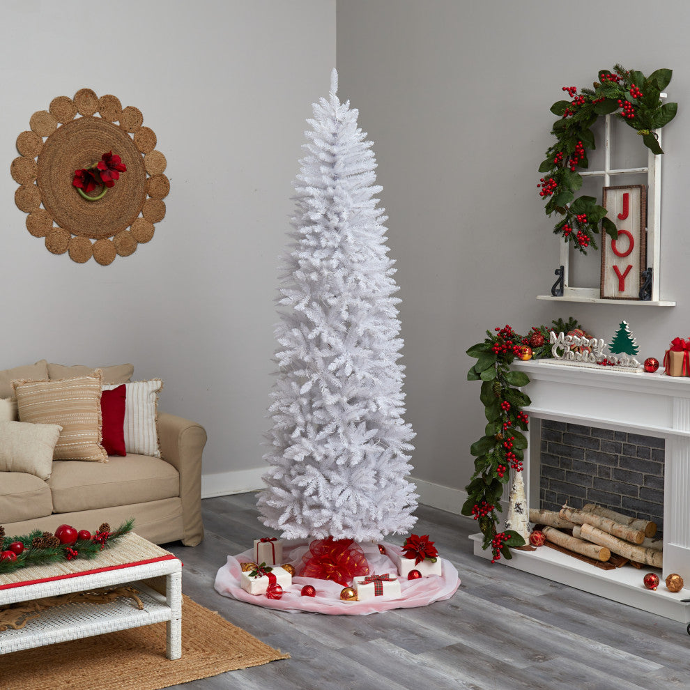 8' Slim White Artificial Christmas Tree With 400 White LED Lights, 1348 Branches