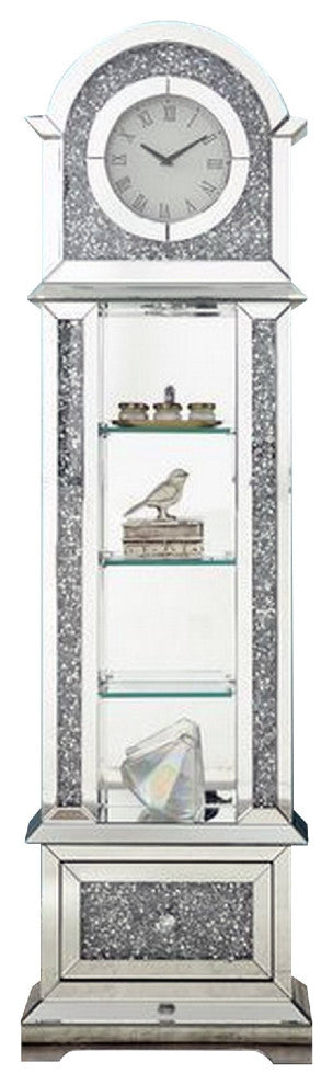Benzara BM269093 Mirrored Grandfather Clock With 4 Compartments, Silver