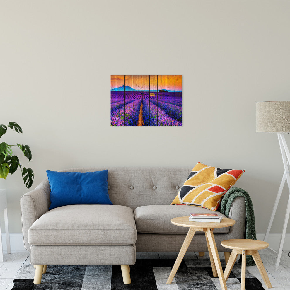 Faux Wood Lavender Fields and Sunset Landscape Canvas Prints, 16" X 20"