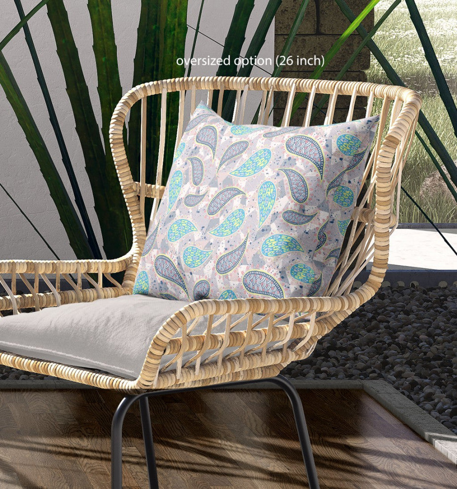 16" Gray Green Boho Paisley Indoor Outdoor Throw Pillow