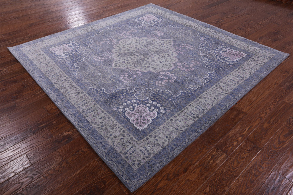 8' Square Persian Tabriz Wool and Silk Hand Knotted Rug Q12096