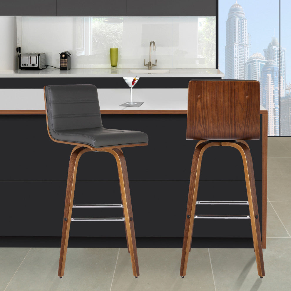 26" Gray Faux Leather Wooden Swivel Bar Stool