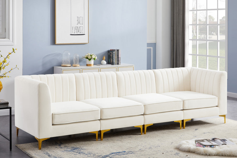 Alina Velvet Upholstered 4-Piece Modular Sofa, Cream