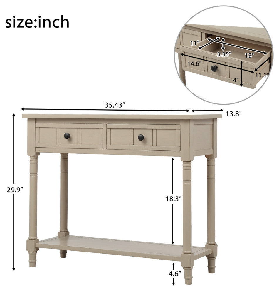 TATEUS Espresso Finish Solid Wood Console Table With Drawers, Antique Gray