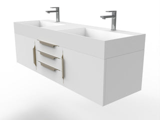 CastelloUSA Amazon 60" Wall Mounted Bathroom Vanity Set, White, White Top, Gold Handles