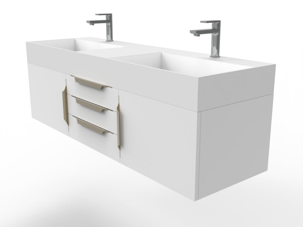 CastelloUSA Amazon 60" Wall Mounted Bathroom Vanity Set, White, White Top, Gold Handles