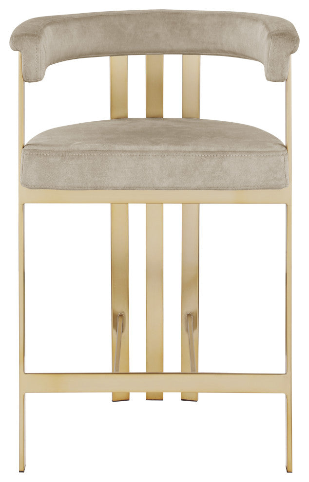 Marcello Upholstered Counter Stool, Stone, Velvet, Brushed Brass