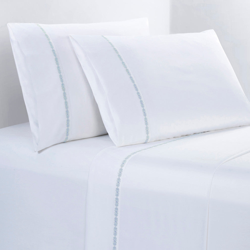 350TC Laurel Embroidered Border Sheet Set, 4 Piece, Light Blue, King