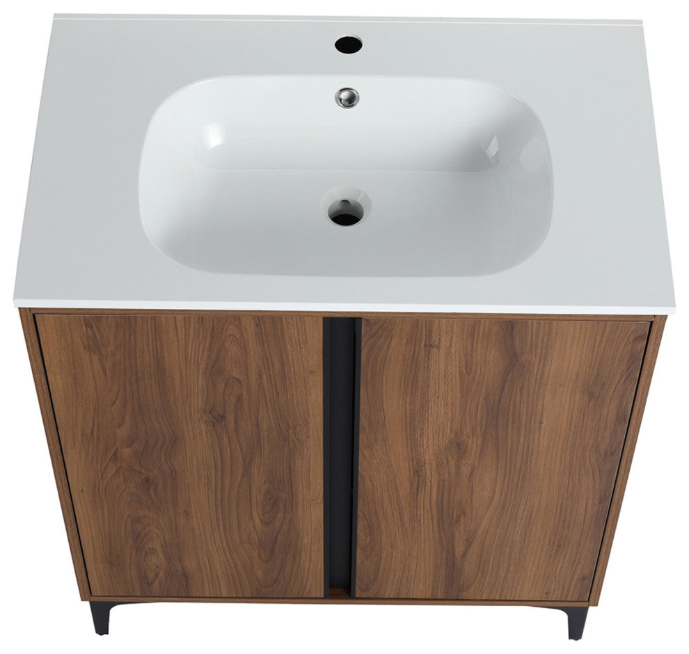 Single Vanity, Brown Walnut Finish With Solid Surface Resin White Sink, 30"