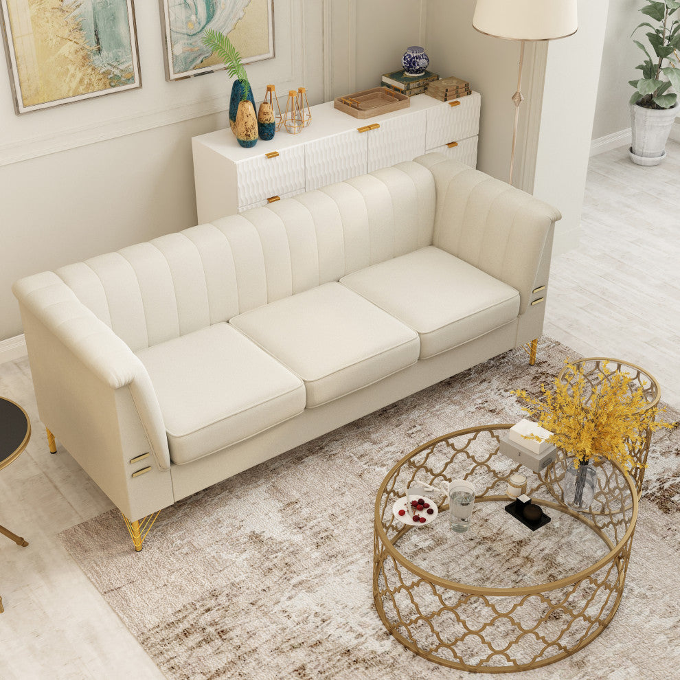 83.4'' Tuxedo Velvet Arm Sofa with Gold Leg, Beige