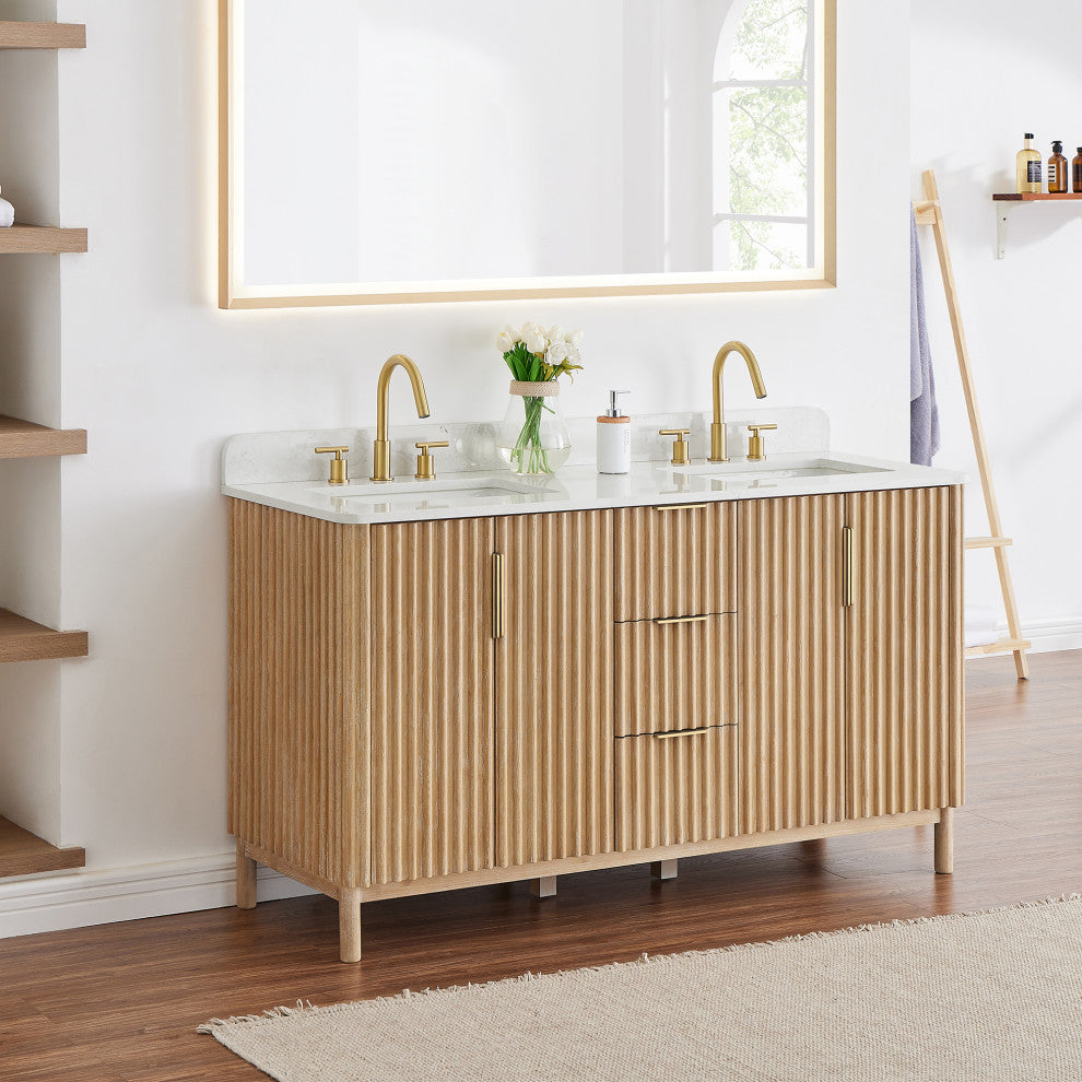 Sierra Bathroom Vanity, Washed Light Brown, 60inch, Without Mirror