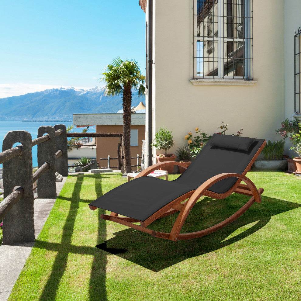 Outdoor Cedar Wood Patio Lounge Chair, Textilene Fabric, Black