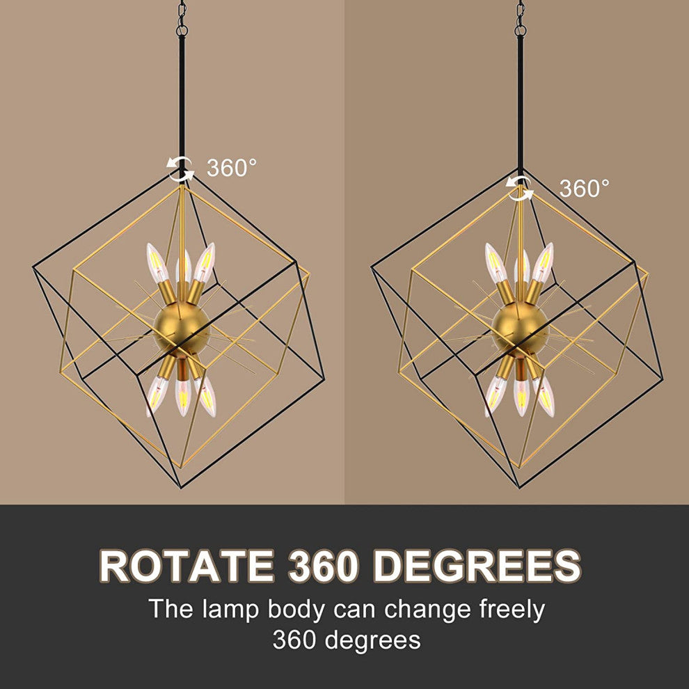 6 Light Modern Sputnik Chandelier Adjustable Black and Gold Cage Pendant Lamp