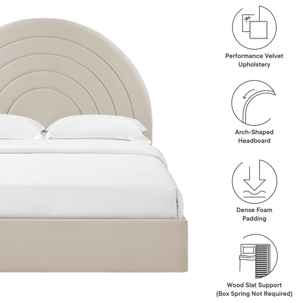 Solana Arched Performance Velvet Queen Platform Bed, Almond