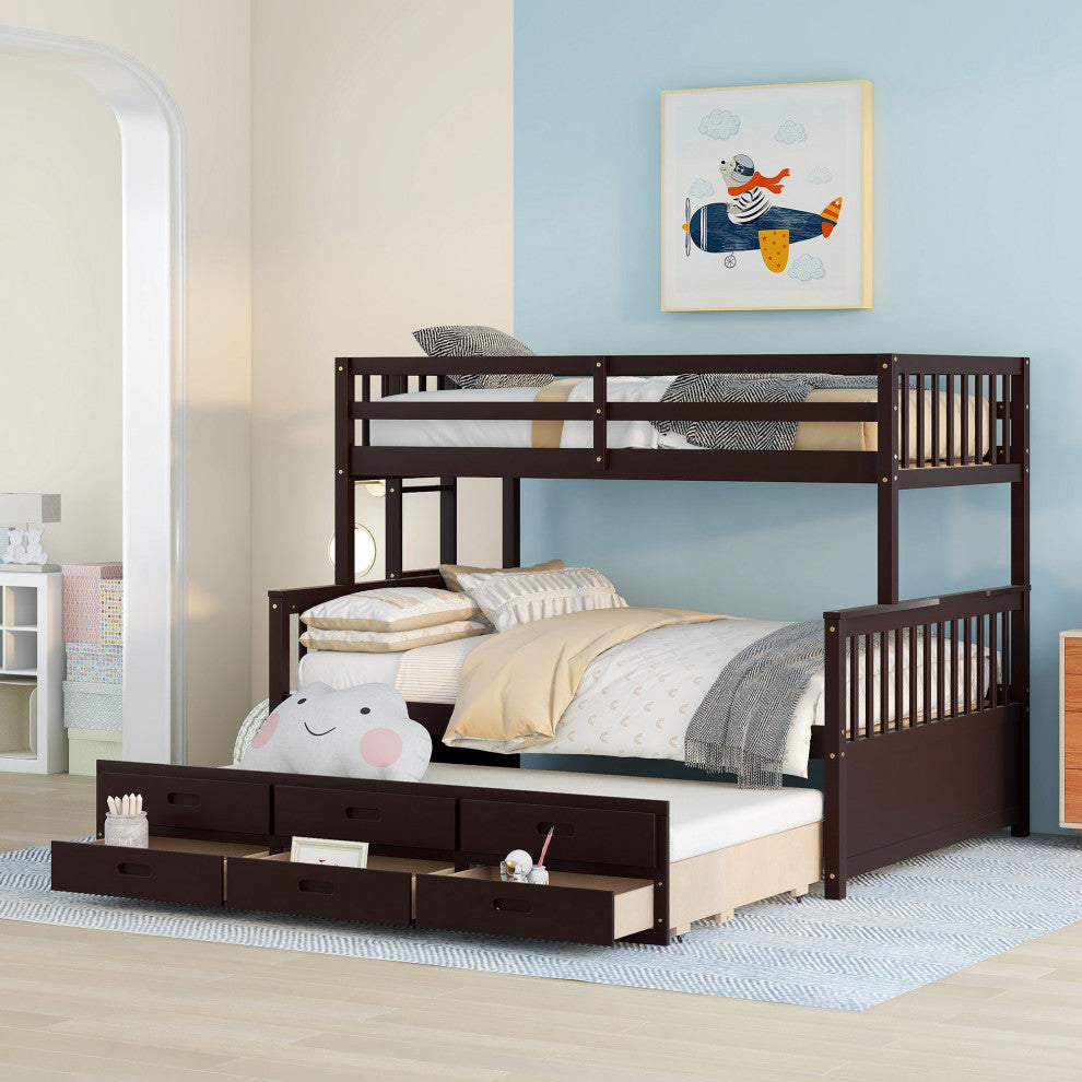 Gewnee Wood Kids Convertible Twin-Over-Full Bunk Bed with Trundle in Espresso