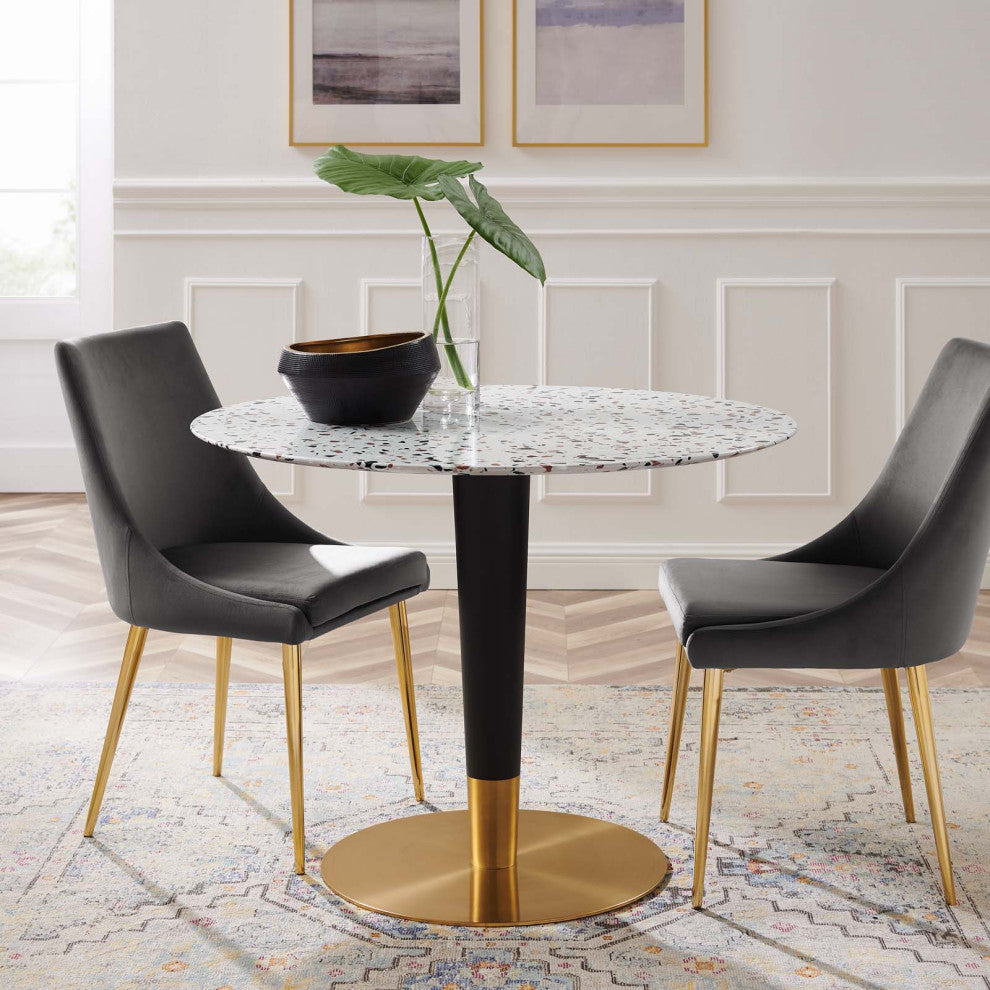 40" Dining Table, Round, White Gold, Metal, Modern Cafe Bistro Hospitality