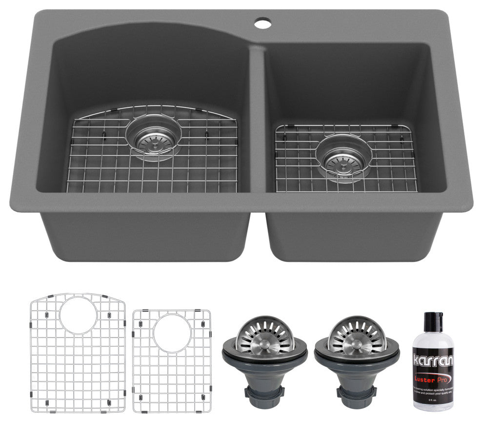 Karran Drop-In Quartz 33" 1-Hole 60/40 Double Bowl Sink Kit, Grey