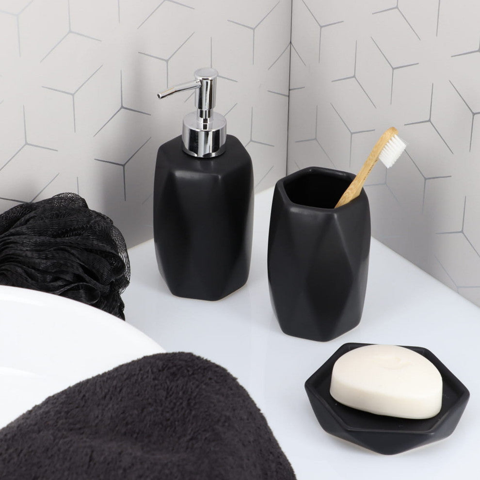 Bathroom Soap Dish Cup Diamond Stoneware White, Black