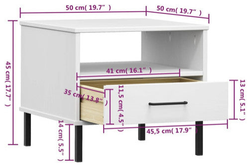 vidaXL Bedside Table Nightstand with Metal Legs White Solid Wood Pine OSLO