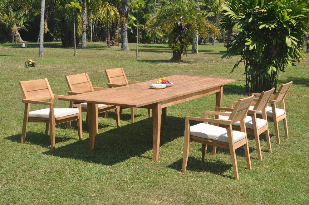7-Piece Outdoor Teak Dining 122" X-Large Rectangle Table, 6 Celo Stacking Chairs