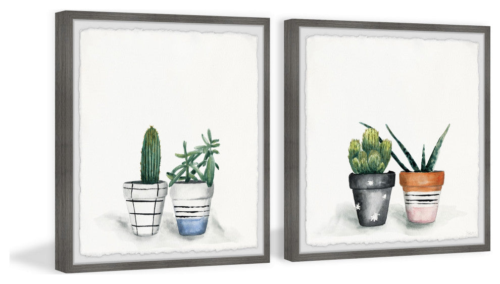 Decorated Cactus Pots Diptych, Set of 2, 12x12 Panels