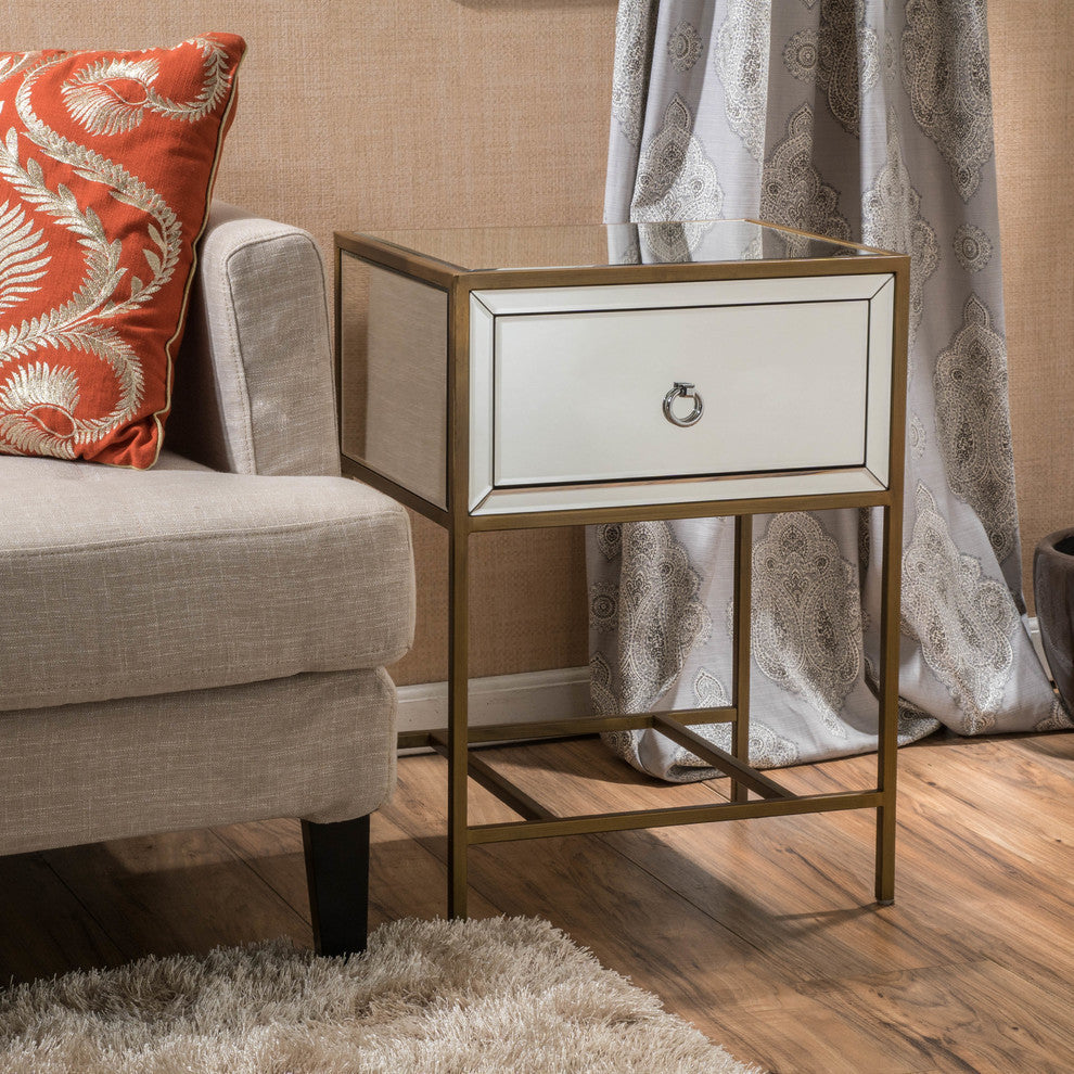 GDF Studio Essa Mirrored Gold Single Drawer Side Table