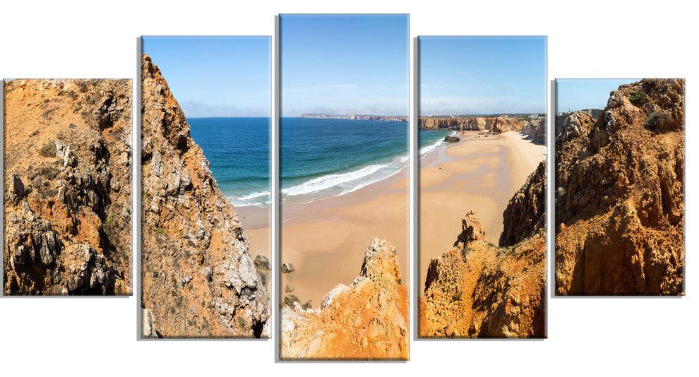 "Rocky Bay Portugal" Panorama Landscape Wall Art Canvas Print60"x32", 5-Panels