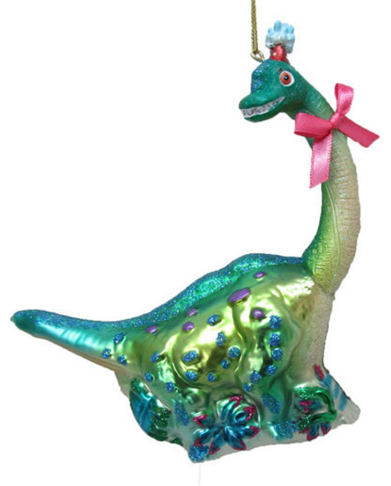 Dinosaur with Pink Bow Christmas Holiday Ornament Glass
