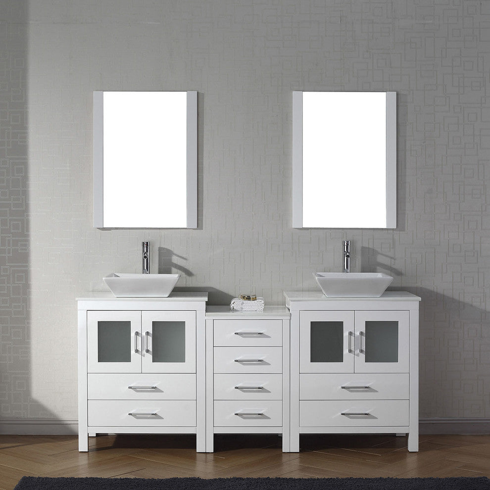 Virtu Dior 74" Double Bathroom Vanity, White With Faucet and Mirrors