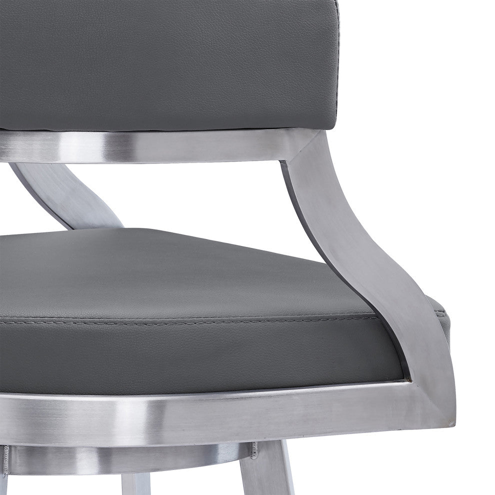 Saturn Swivel Metal and Faux Leather Bar Stool, Gray, 26" Counter Height
