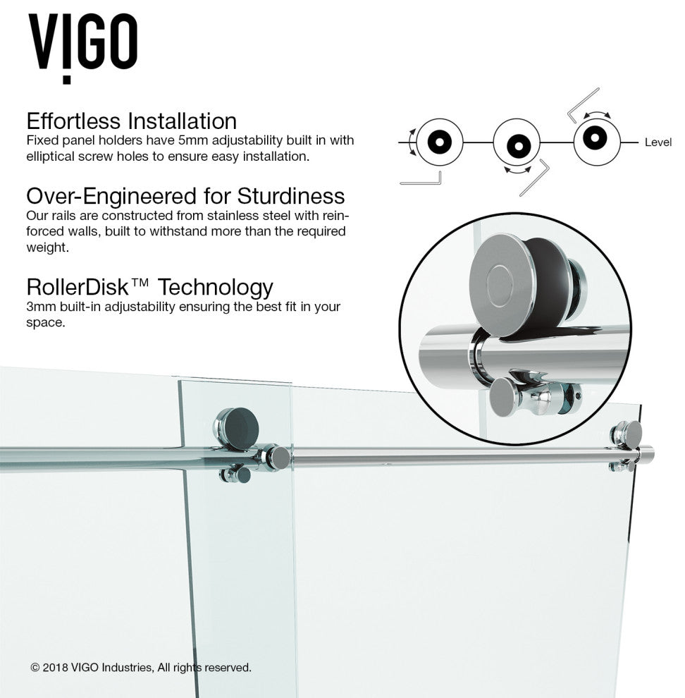 VIGO Ferrara Frameless Sliding Shower Door, Chrome, 72" to 73" W X 74" H, Clear Glass