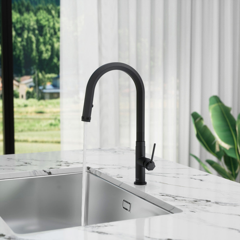 Single Handle Deck Mounted High Arc Pull Down Brass Kitchen Faucet, Matte Black