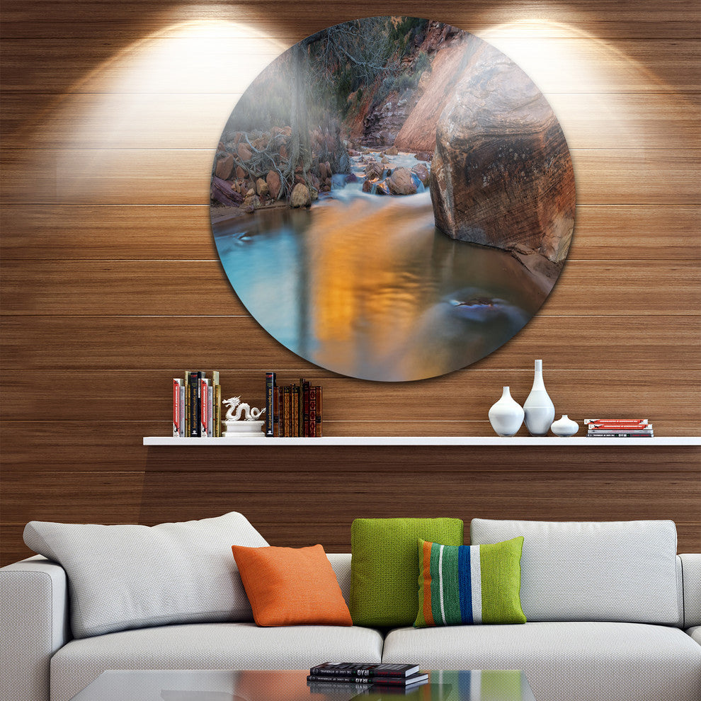 Slow Motion Virgin River At Zion, Landscape Round Metal Wall Art, 36"